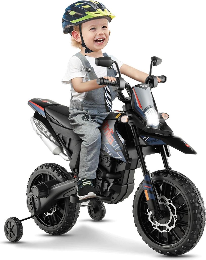 GOPLUS 12V Aprilia Elektro-Motorrad, Kindermotorrad mit 2 Stützrädern & Musik, Doppelmotoren & Stoßdämpfern, Kinderfahrzeug für Kinder von 3...