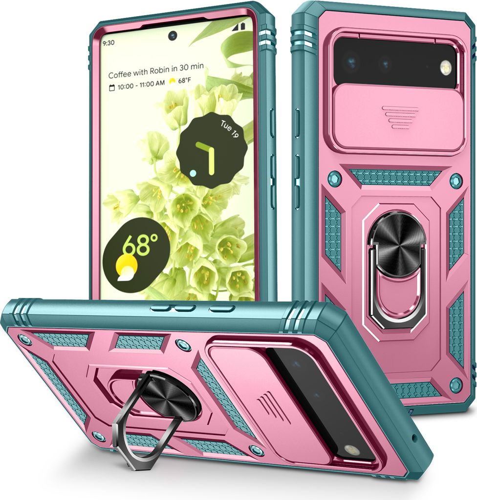 Google Pixel 6 Hülle, Schiebe Kamera Schutz Robust Stoßfest Schutzhülle mit Ringhalterung Ständer Kartenhalter für Google Pixel 6 Pink