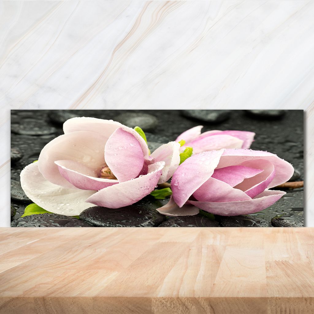 Tulup Küchenrückwand Spritzschutz aus Glas -125x50 -Spritzschutz auf gehärtetes Glas Blumen & Pflanzen Magnolie Zen Stein