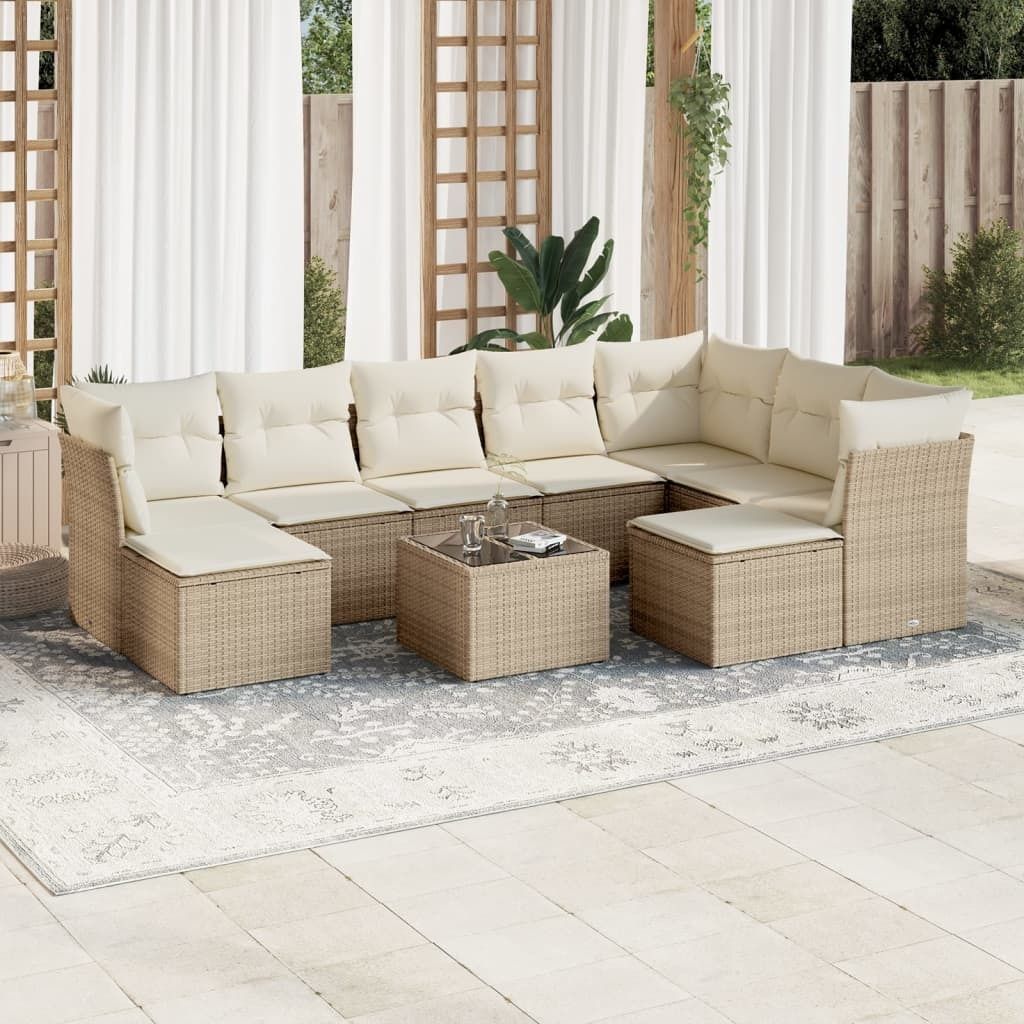 CLORIS 10-tlg. Garten-Sofagarnitur - mit Kissen - Beige Poly Rattan - Gartenmöbelgarnituren LL0000255484