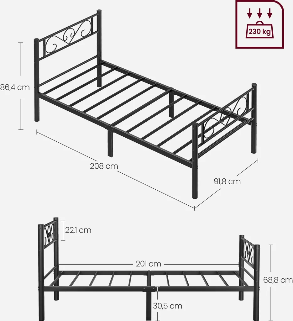 Lit métallique noir 90x200 cm avec structure renforcée et design loft - 5
