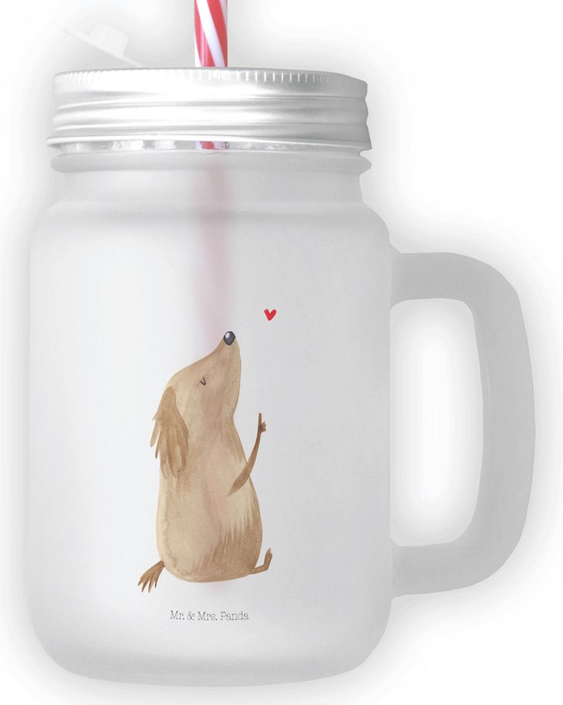 Mr. & Mrs. Panda Glas Hund Liebe - Transparent - Geschenk, Herz, Hunde, Trinkgefäß, Eiskaffee, Für Smoothies, Sprüche, Trinkglas, Cocktailglas