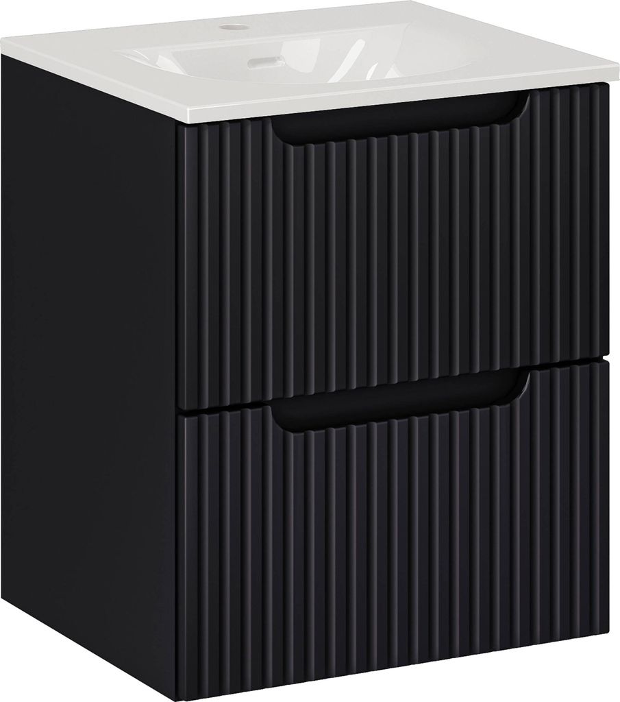 Badezimmerschrank 50Cm Mit Waschbecken Schwarz Matt Geriffelt Modern
