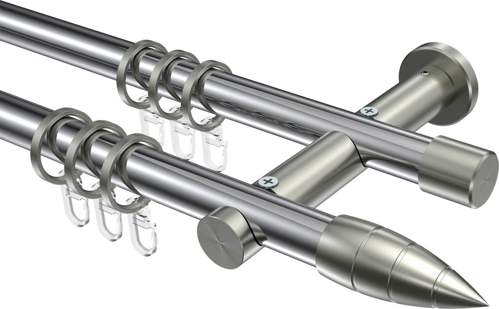 Interdeco Gardinenstange / Vorhangstange Chrom / Edelstahl-Optik, Typ Platon Samanto (Rillenpatrone), 20 mm Ø 2-läufig, 600 cm
