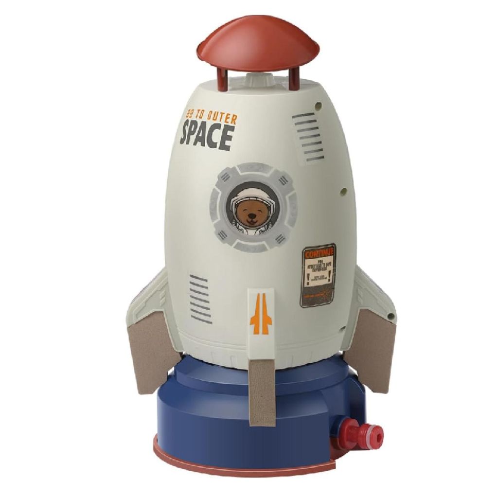 A toy rocket sprinkler for outdoor use.