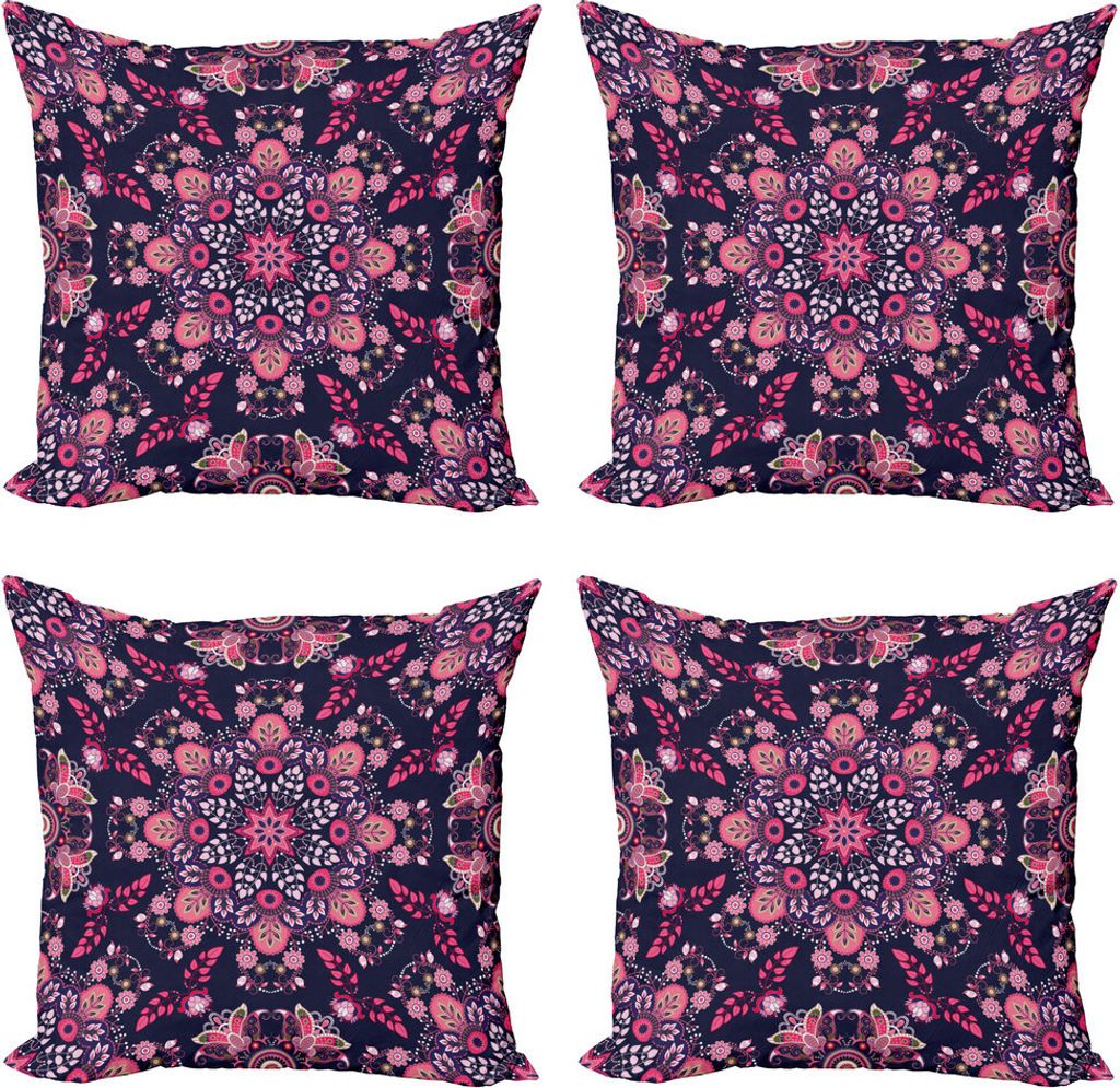 ABAKUHAUS Ethnisch Kissenbezug Set (4 Stück), Frühlings-Blüten, Moderner Doppelseitiger Digitaldruck, 45 cm x 45 cm, Indigo Rosa Blassrosa