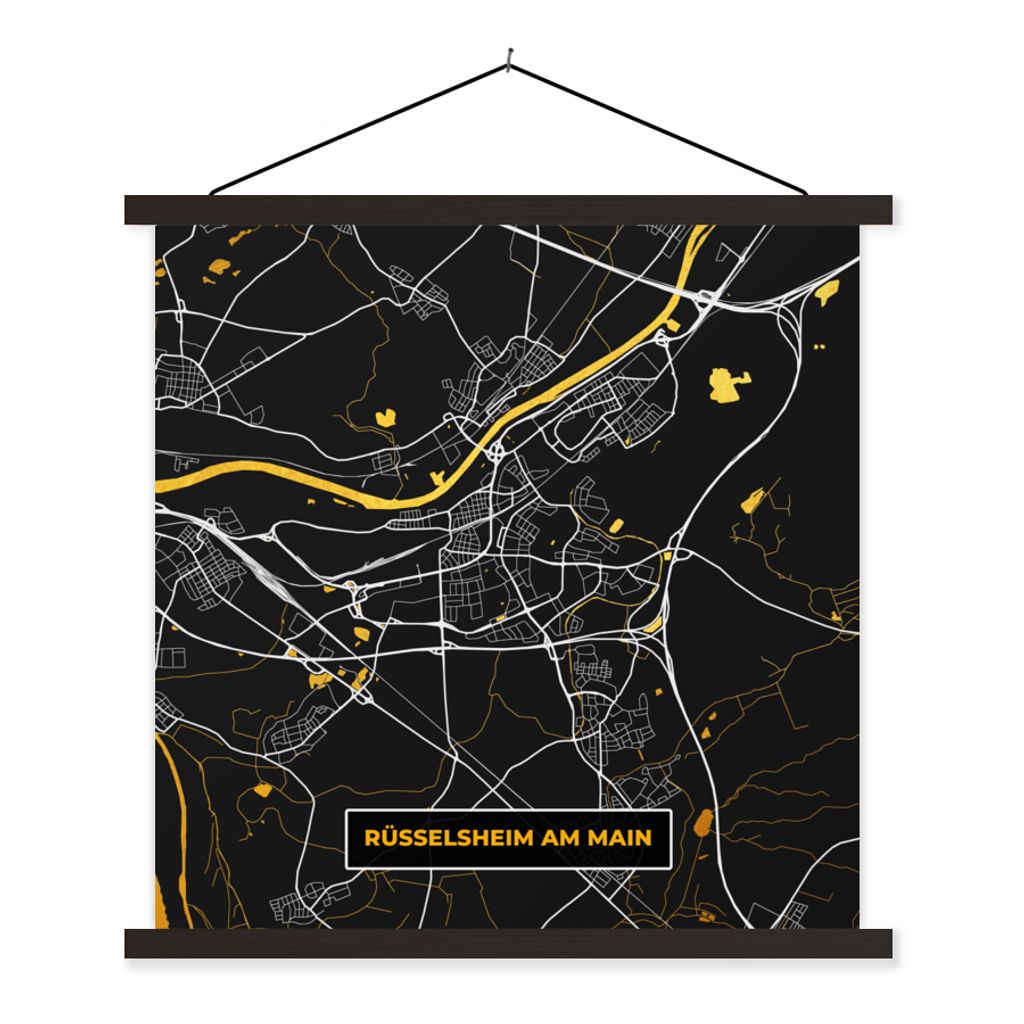 MuchoWow Textilposter Gold - Deutschland - Karte - Stadtplan - Rüsselsheim am Main 120x120 cm mit schwarzem Rahmen - Aufhängungsset