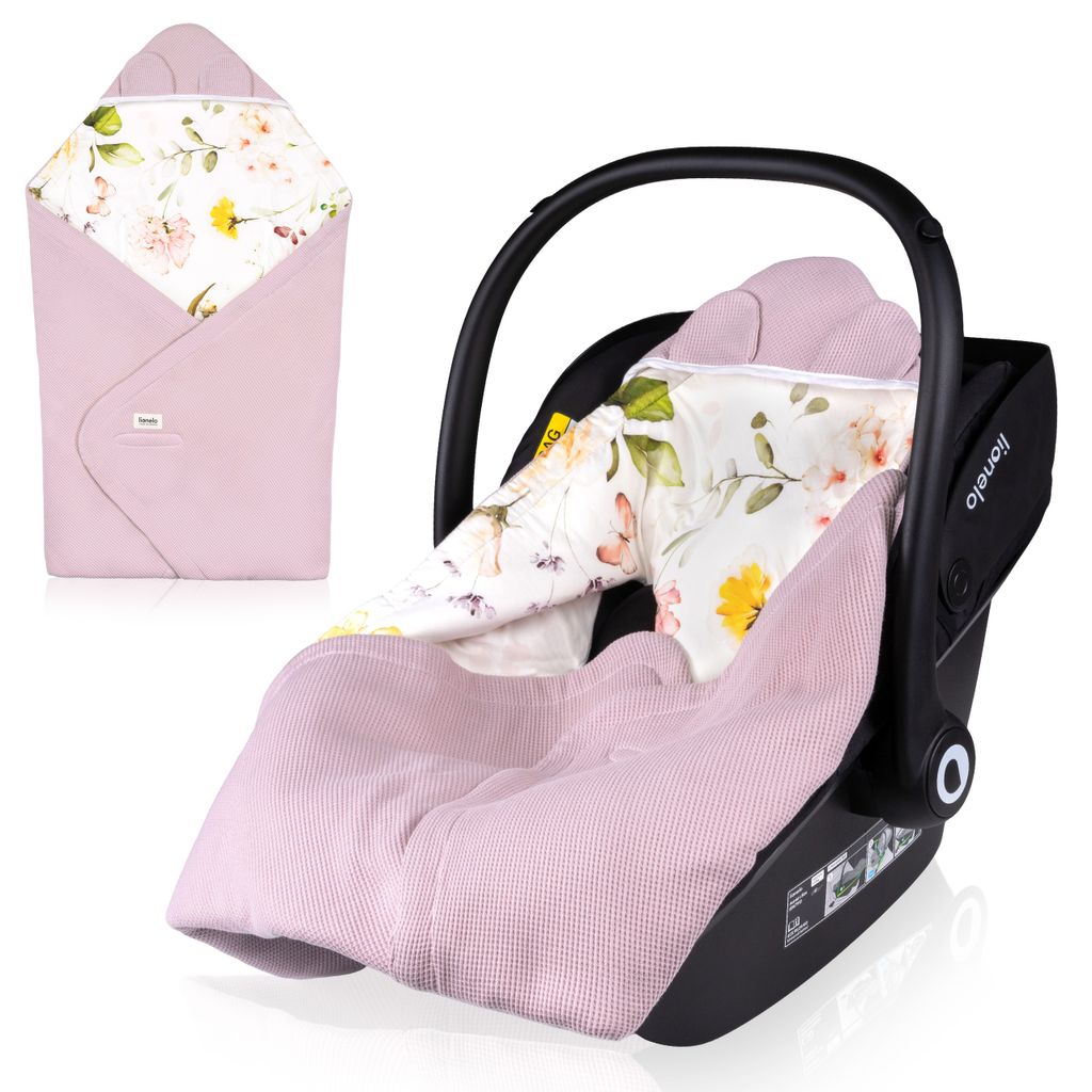 Lionelo Babydecken Travel Swaddle Blanket für Kindersitz, Tragetasche, Kinderwagen, Ganzjährig, 90x90 cm, Klettverschluss, 100% Baumwolle Rosa