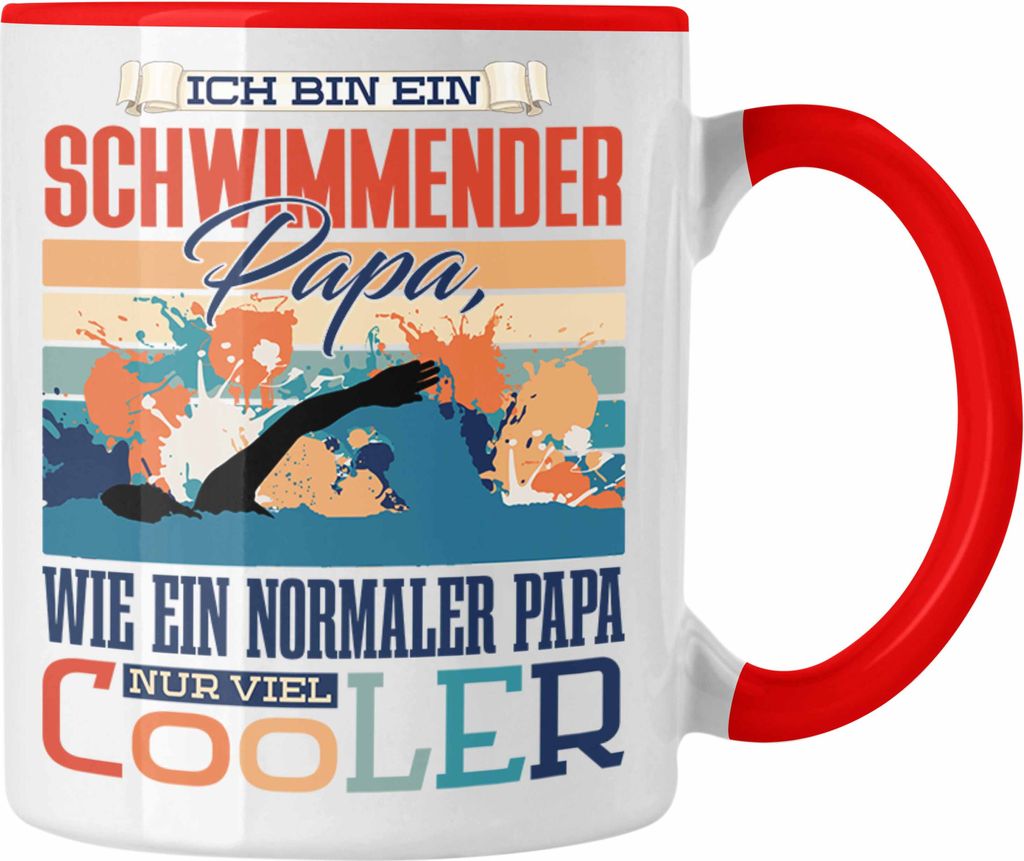 Trendation - Schwimmen Papa Tasse Geschenk Vater Geschenkidee zum Vatertag Hobby Schwimmender Papa Spruch Lustig (Rot)