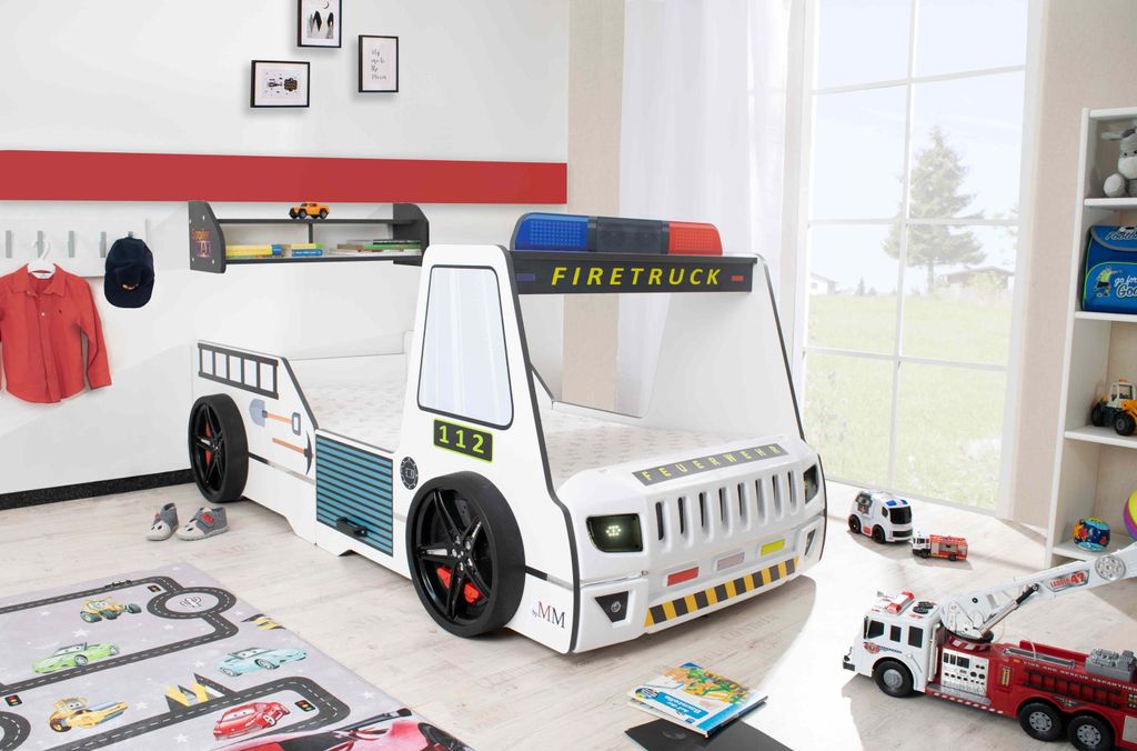 Autobett Kinder 90x200 cm Feuerwehrbett "Rio Firetruck" mit Matratze und Wandregal