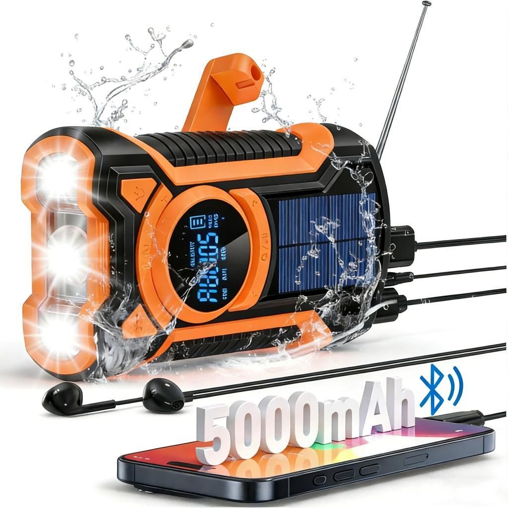 Radio, Notfall-Solarradio, IP65 Wasser-/Staubdicht, Stoßfest Radio 5000 mAh Notstromakku + SOS-Alarm + NOAA-Wetterstationen Empfang, + Handkurbel