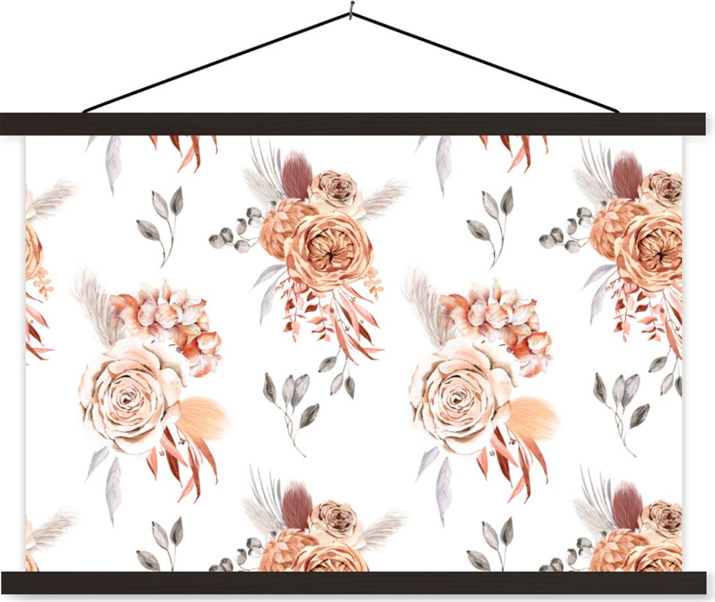 MuchoWow Textilposter Blumen - Blätter - Bohème - Weiß 60x40 cm mit schwarzem Rahmen - Hölzernes