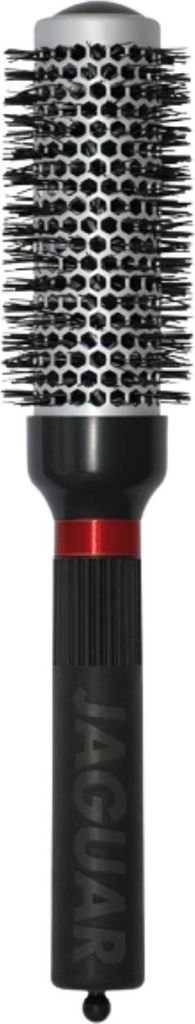 A close-up studio shot of a round hairbrush.
