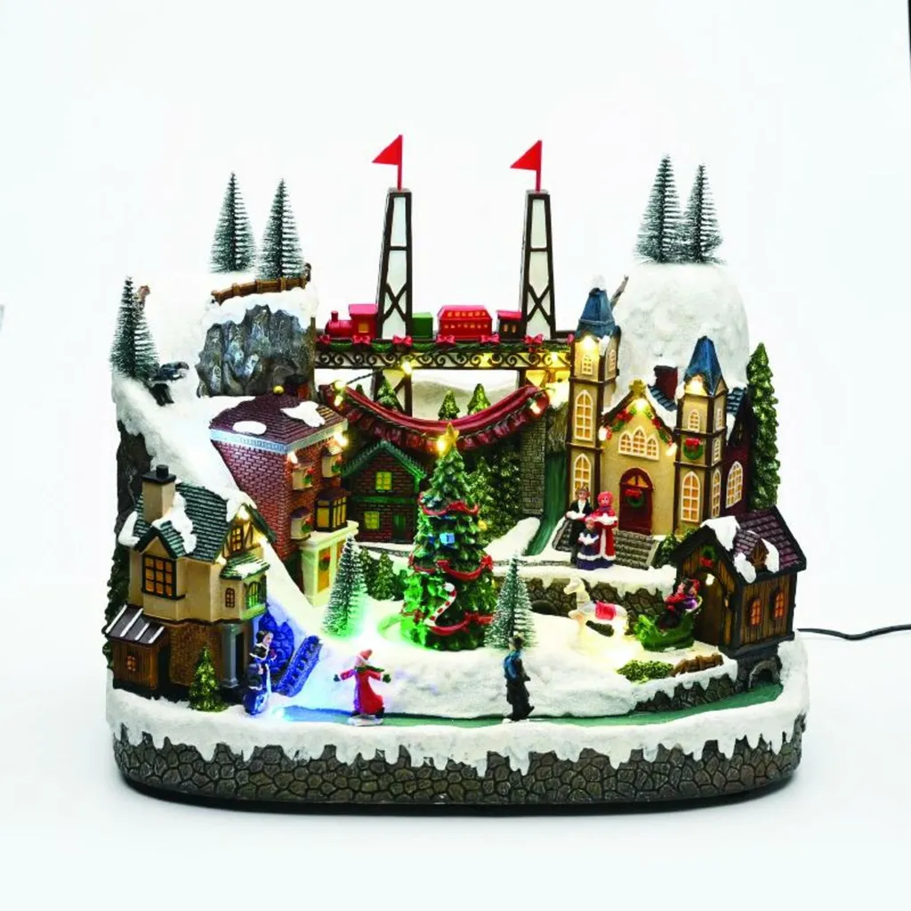Village miniature de Noël LED multicolore avec musique et décors
