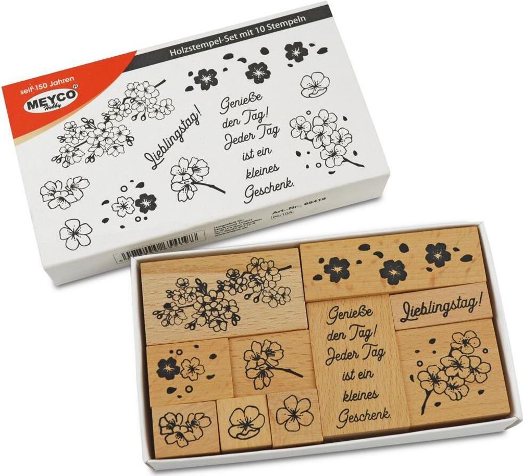 Meyco Holz Stempel Set "Blüten & Text" 10 Stempel