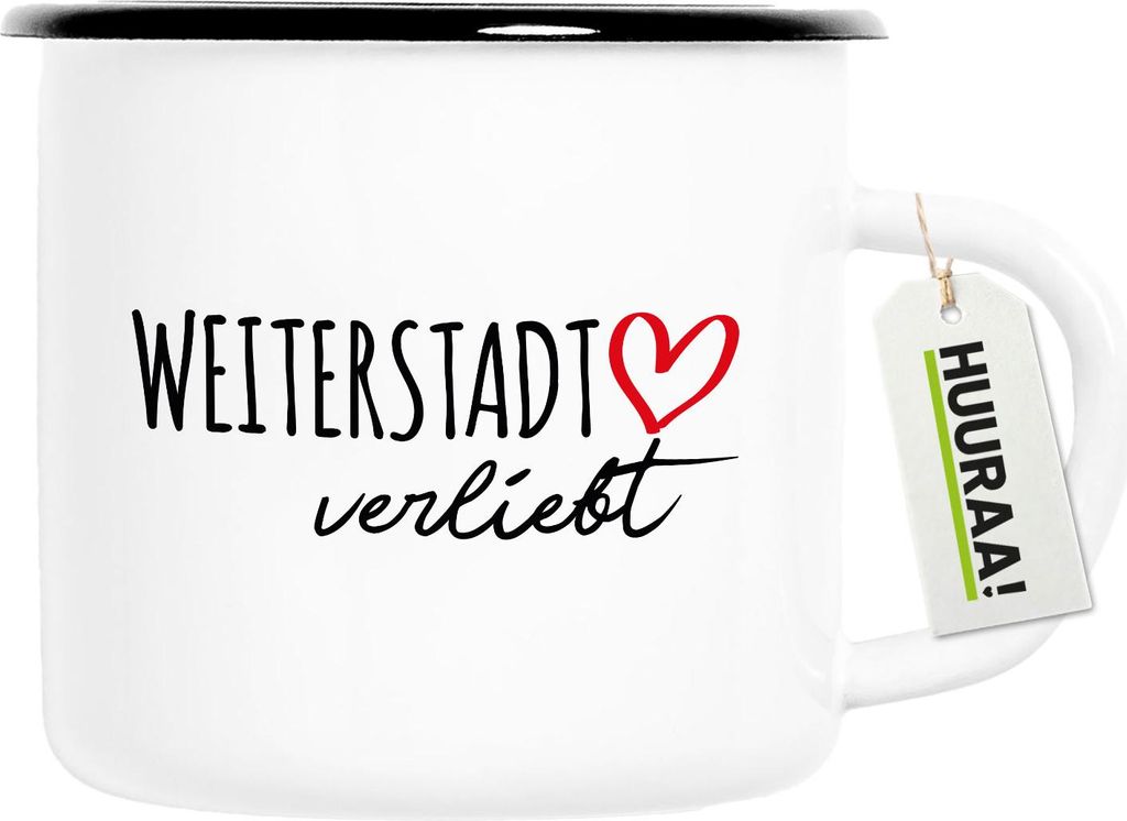 Huuraa Emaille Tasse Weiterstadt verliebt 300ml Vintage Campingbecher Geschenkidee