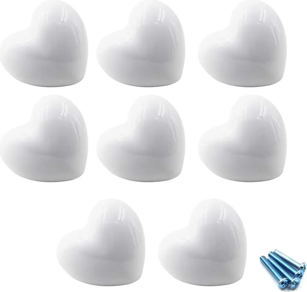 Bouton de meuble en céramique blanche robuste style cœur - Lot de 8 vis
