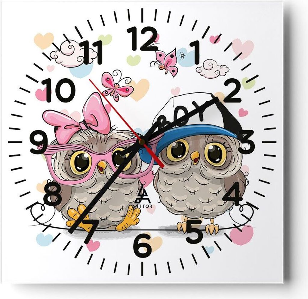 Wanduhr - Quadrat - Glasuhr - Eule zeichnung farbig muster - 40x40cm - Schleichendes Uhrwerk - Lautlos - zum Aufhängen bereit - Dekoration Modern ...