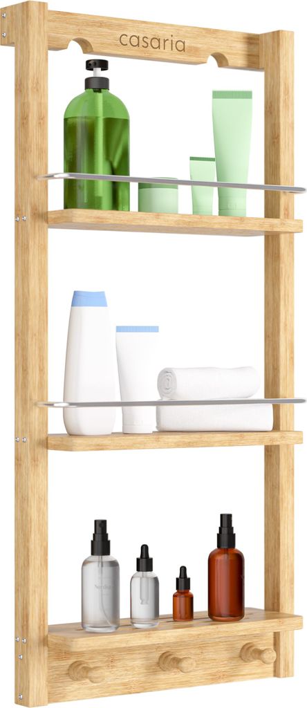 CASARIA Duschregal Zum Hängen 3 Ablagen 3 Haken 70x29x10cm Duschablage Hängend Badregal Bambus Holz Hängeregal für Dusche Bad Küche Regal