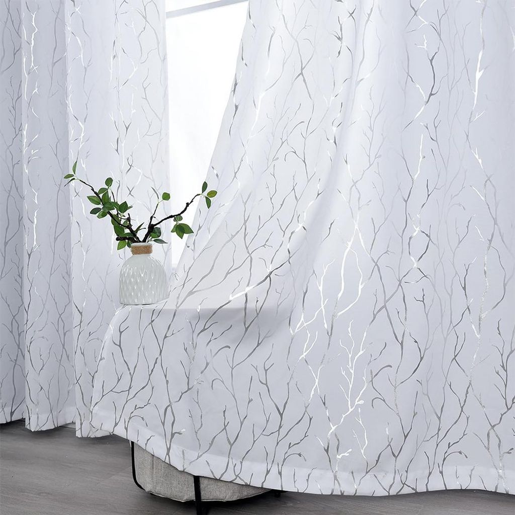 INF 2er Set Kunst Baumzweig Silber Heißprägung Voile Gardinen - Stangentasche Weiß S