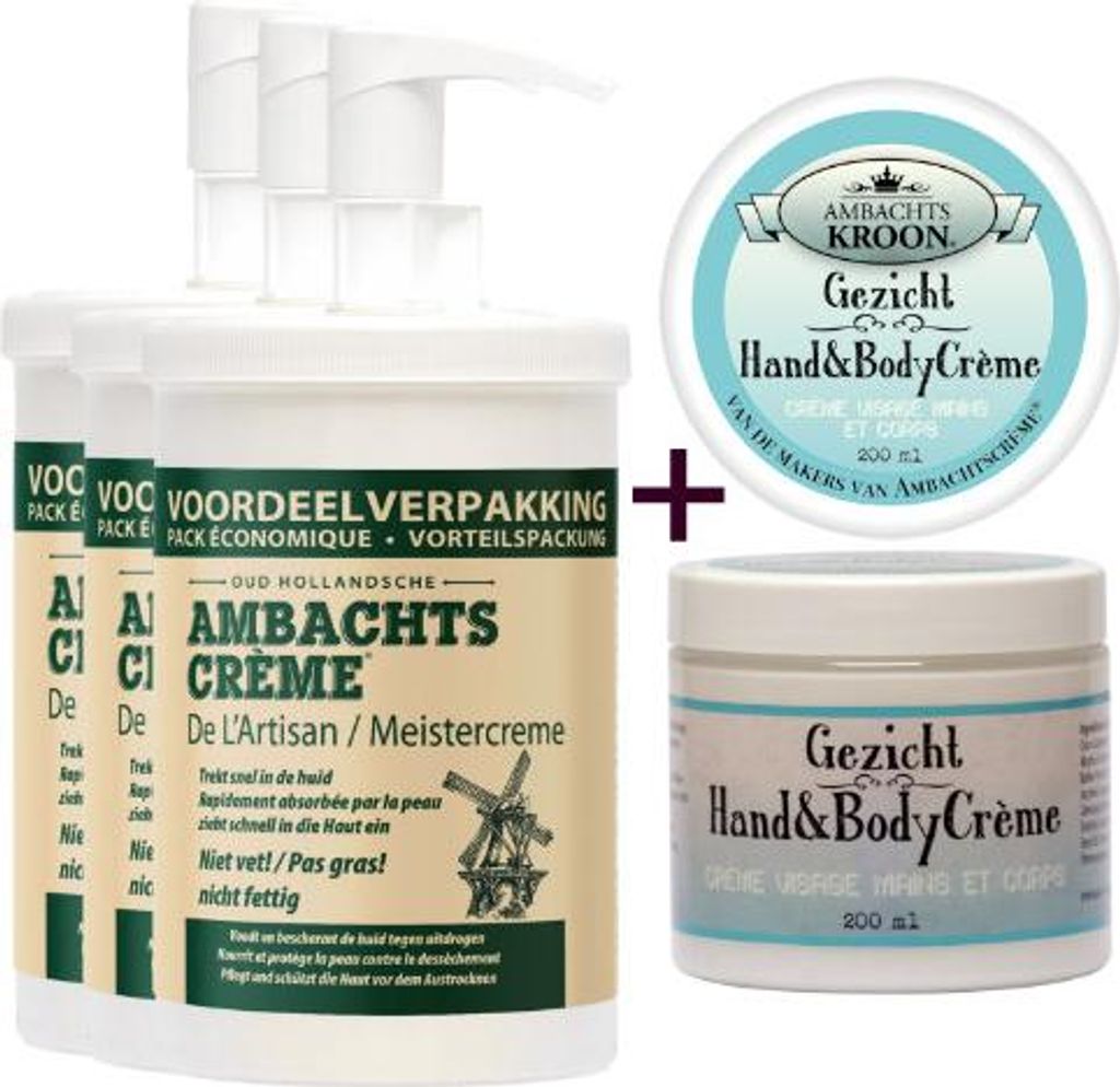 3 Pumpstöße 1000 ml Ambachts-Meistercreme + 1 Gesichts-, Hand- und Körpercreme
