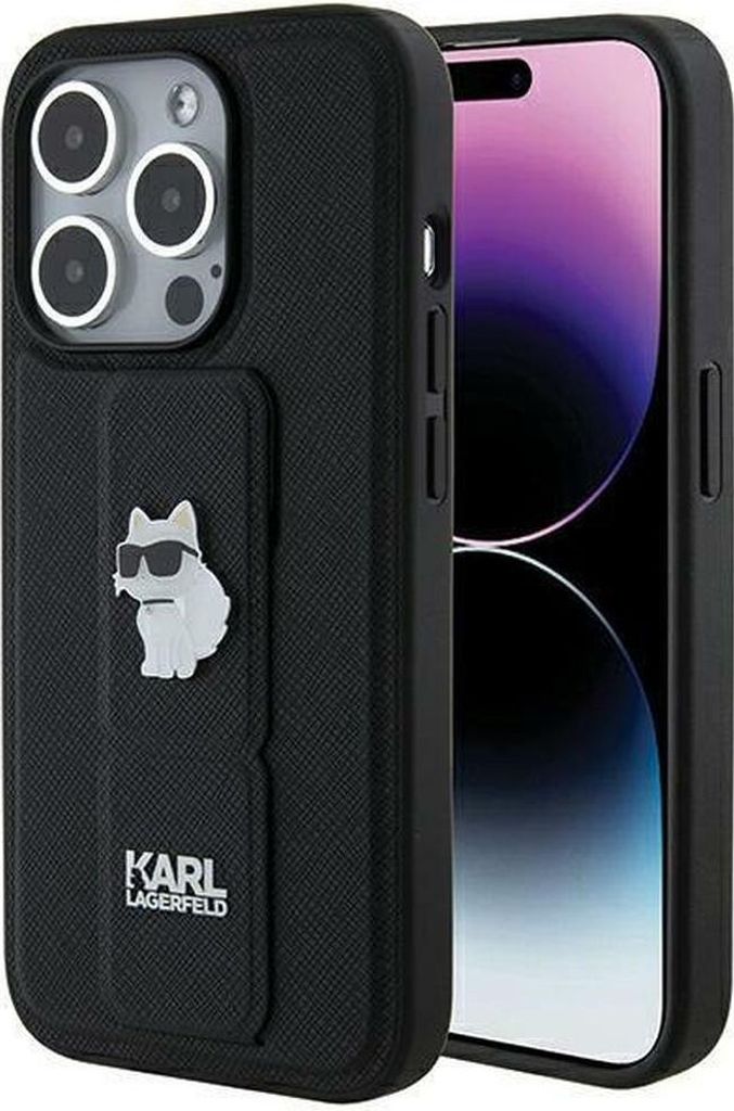 Karl Lagerfeld Gripstand Saffiano Choupette Pins Hülle für iPhone 14 Pro Max Schwarz Handyhülle