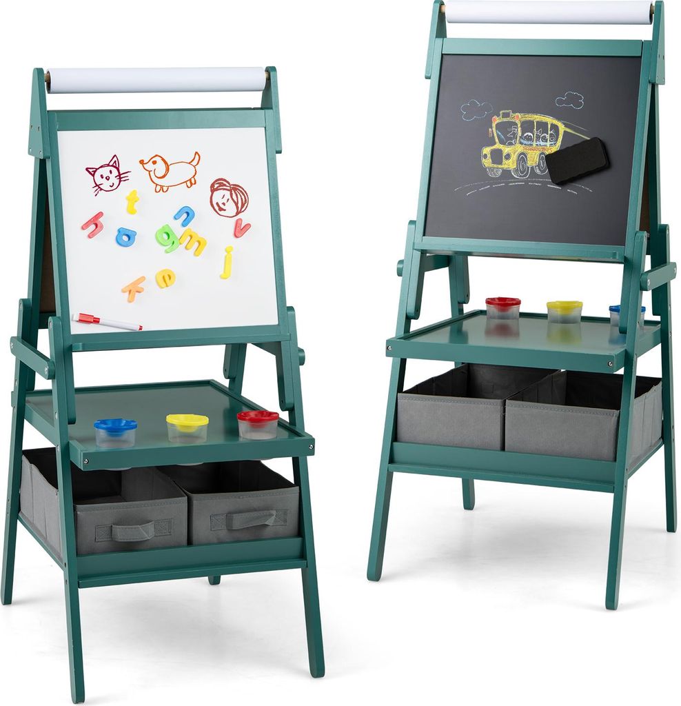GOPLUS 3 in 1 Kinderstaffelei, multifunktionale Doppelstaffelei mit Whiteboard, Kreidetafel & Papierrolle, stehende Kindertafel mit Regal, Grün