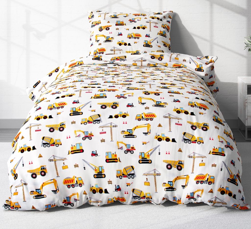 2 teilige Renforcé Bettwäsche 135x200cm und 80x80cm - Bagger, Baufahrzeuge, Kräne - Kinderbettwäsche aus 100% Baumwolle, Kinder (EW-Bagger-135x...