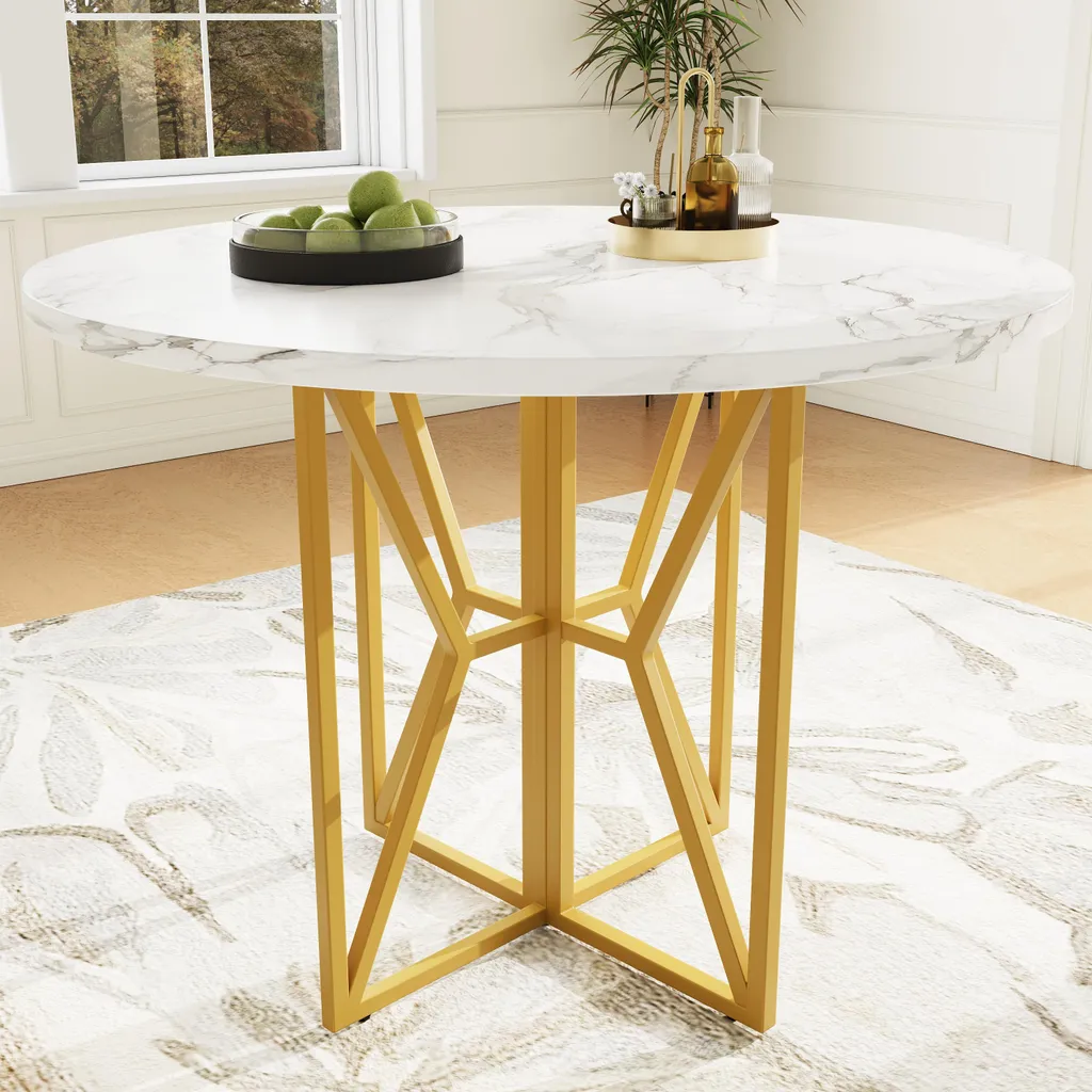 Tavolo Design Rotondo 80x76 cm Effetto Marmo Bianco e Oro