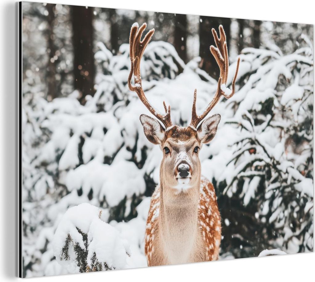 MuchoWow Wanddekoration Metall Metallbild Wandkunst 30x20 cm Hirsche - Schnee - Winter - Wald - Tiere MuchoWow Aluminium Gemälde - Aluminiumgemälder