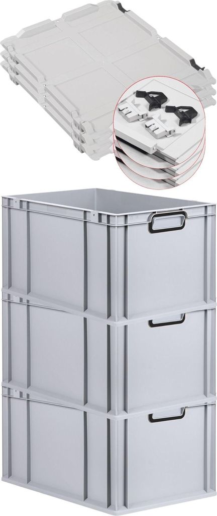 SuperSparSet 3x Eurobox NextGen Color mit Scharnierdeckel und Schiebeschnappverschlüssen | HxBxT 32x40x60cm | 65 Liter | Grau | Griffe schwarz ges...