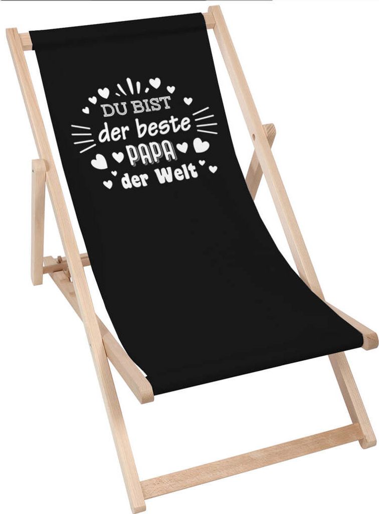 A black deck chair with wooden frame, featuring a white text graphic.