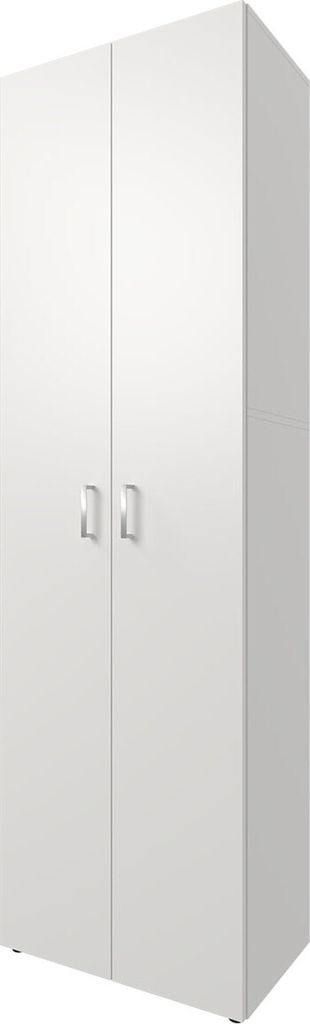 A white cabinet with two doors and silver handles.