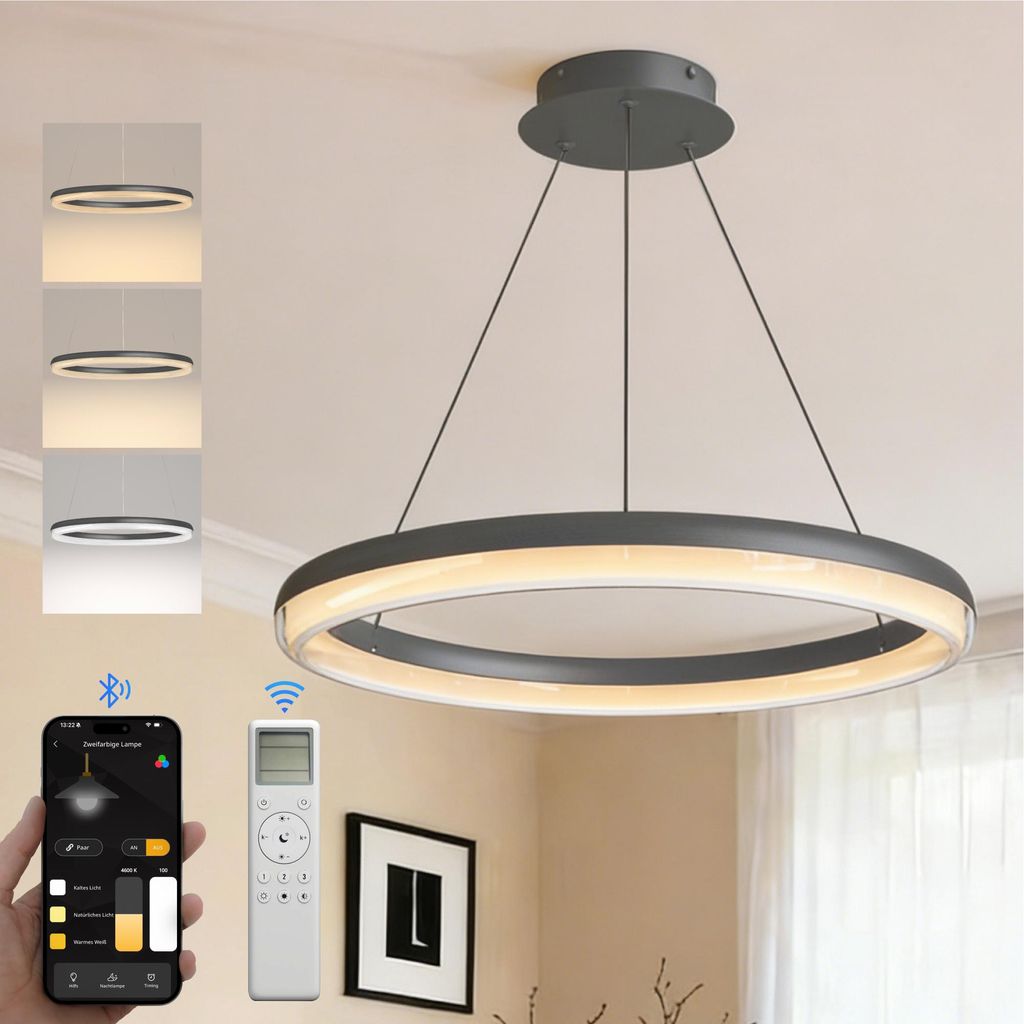 doporro Moderne LED Pendelleuchte – 65cm Dimmbare Esszimmerlampe hängend mit App & Fernbedienung, 3000–6000K, CRI≥95, höhenverstellbar Grau...