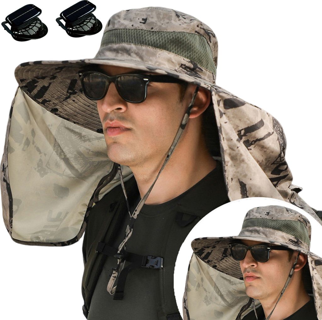 Solar-Ventilatorhut mit Nackenschutz, USB-aufladbar, UV-Schutz, Doppelventilator, faltbar, ideal für Angler, Wanderer, Bergsteiger und als Sonnenhut.