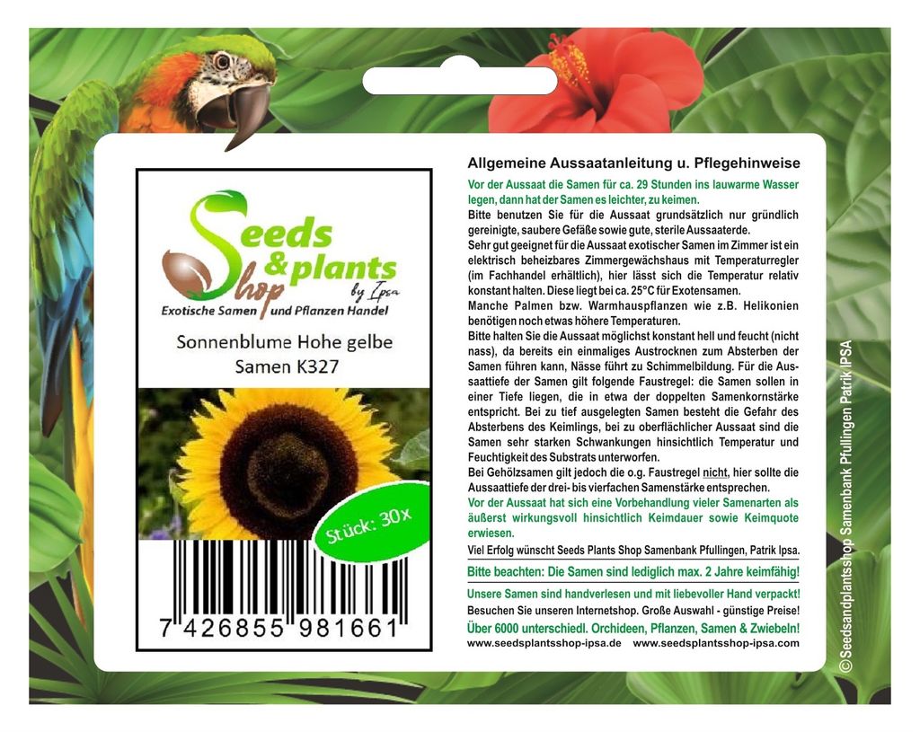 30x Sonnenblume Hohe gelbe Saatgut Garten Pflanzen - Samen K327