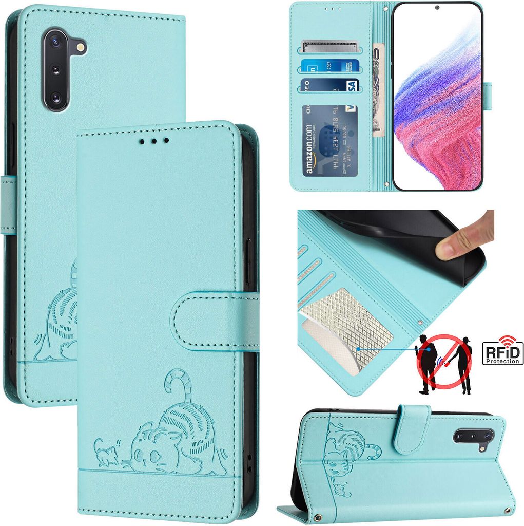 Leder Hülle für Samsung Galaxy Note 10 Süße Katze Flip Case Brieftasche Schutzhülle mit Standfunktion hellgrün