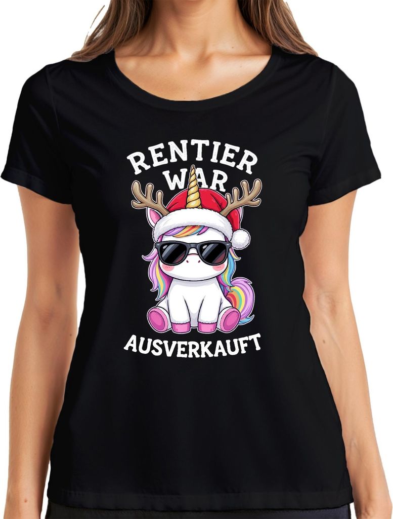 Rentier war t Einhorn Weihnachten lustig Regenbogen Damen T-Shirt, Schwarz, XL