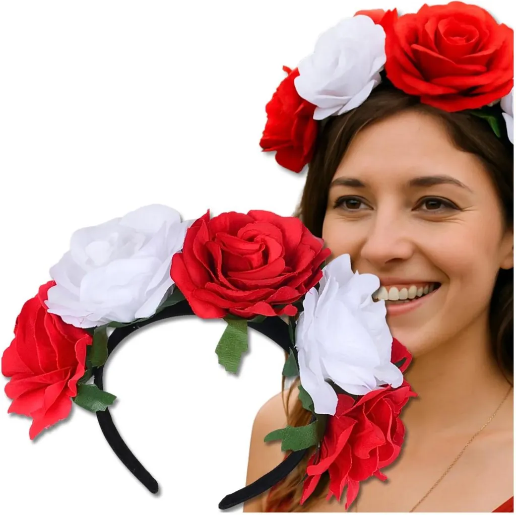Corona Capelli Fiori Rose Bianco-Rosse EDIBAZZAR con Nastro per Ventagli