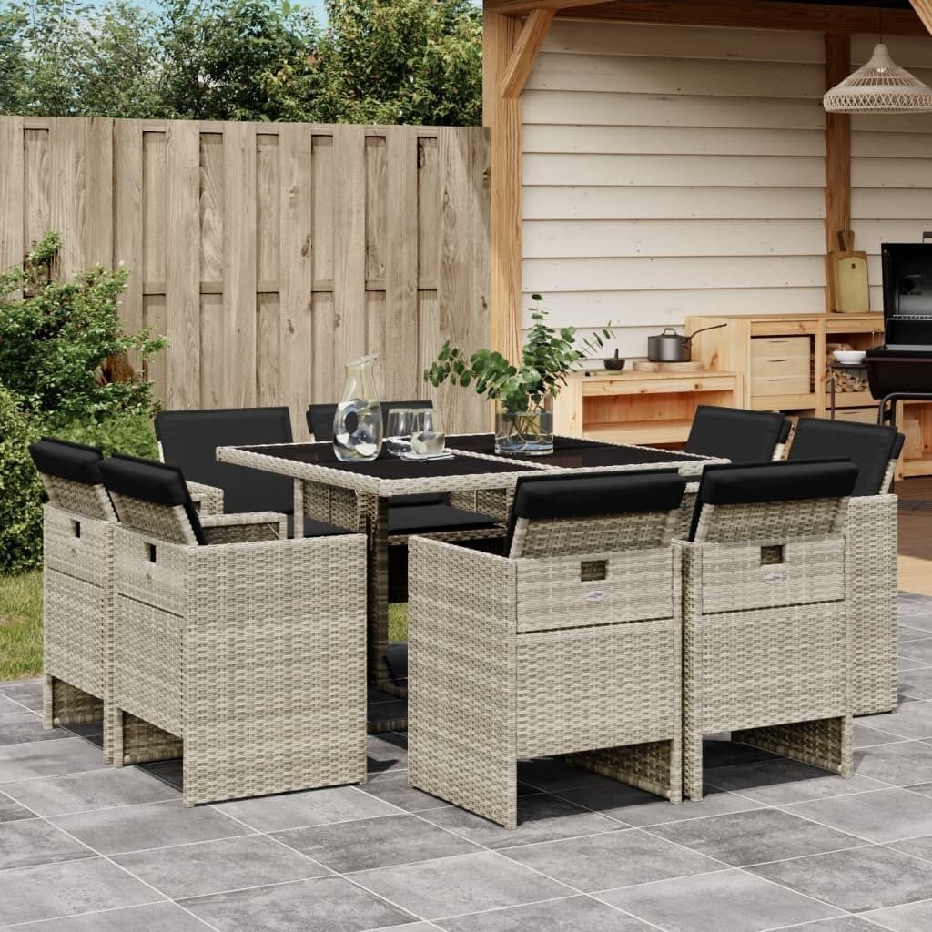 Maison Exclusive - 9-tlg. Garten-Essgruppe mit Kissen Hellgrau Poly Rattan