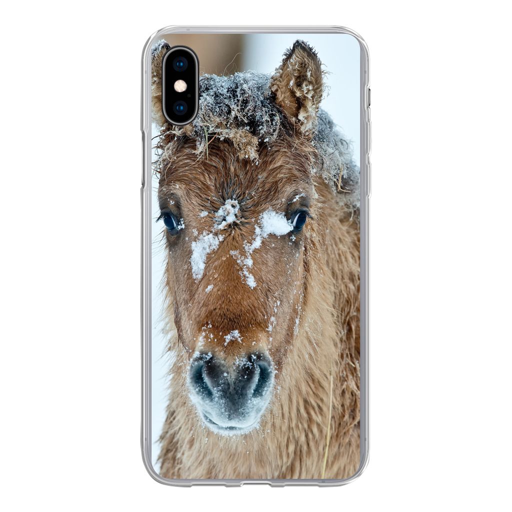 MuchoWow Handyhülle Schutzhülle Hülle für iPhone Xs Junges Fjordpferd mit Schnee bedeckt Silikon Softcase Handy Hülle - Handytasche