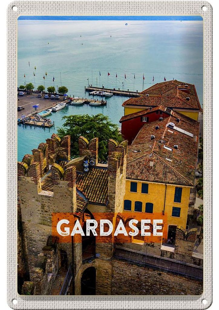 Blechschild Reise 20x30cm Gardasee Italien Boote Blick auf See