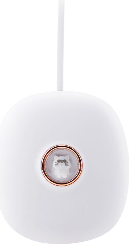 A white, pebble-shaped digital alarm clock with a rose gold ring around a small, clear window containing a white cat figurine.