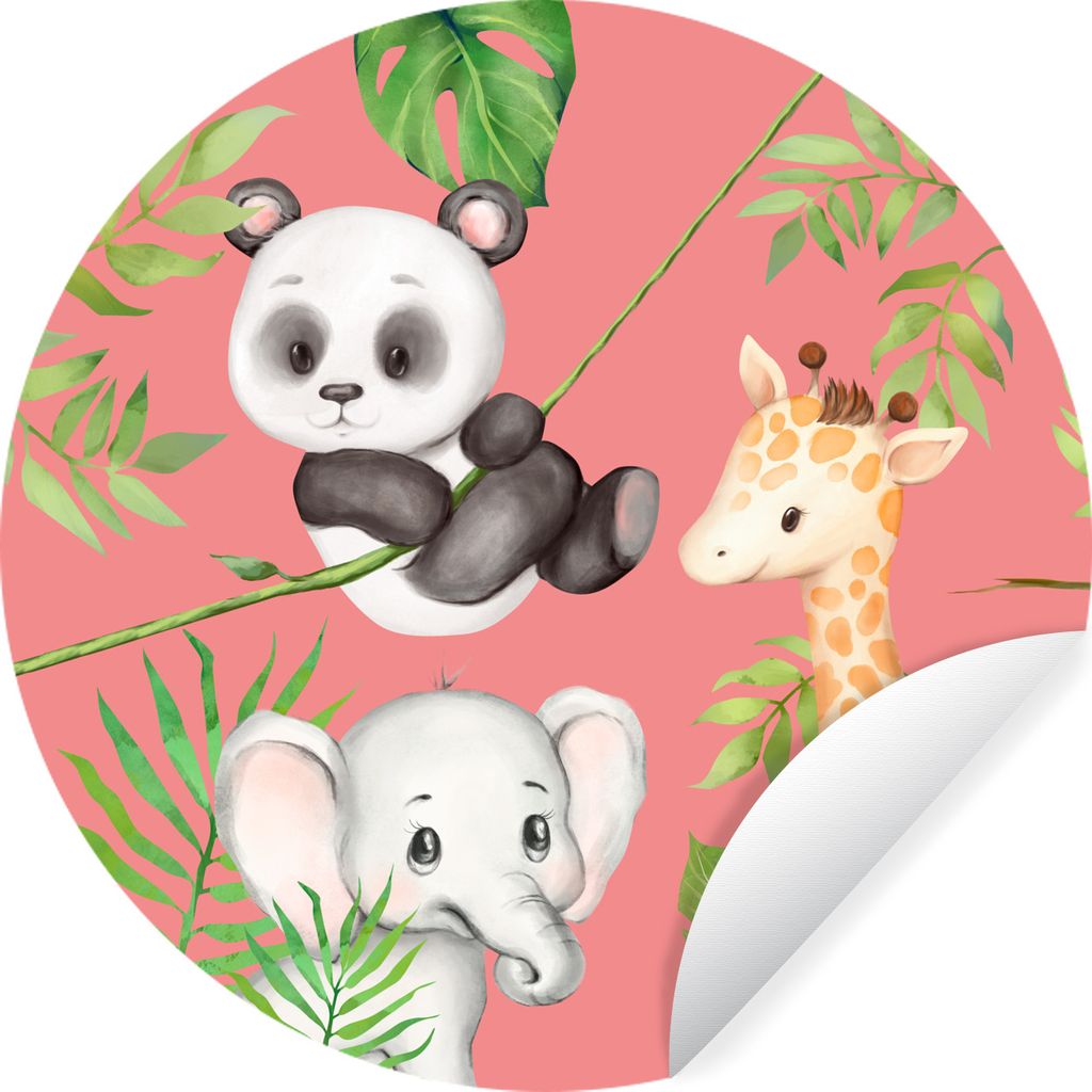 MuchoWow Runde Wandtattoo - Wandsticker Tapete Aufkleber Dschungeltiere - Kinder - Rosa Ø 100 cm Selbstklebend und Repositionierbar - Wandaufkle...