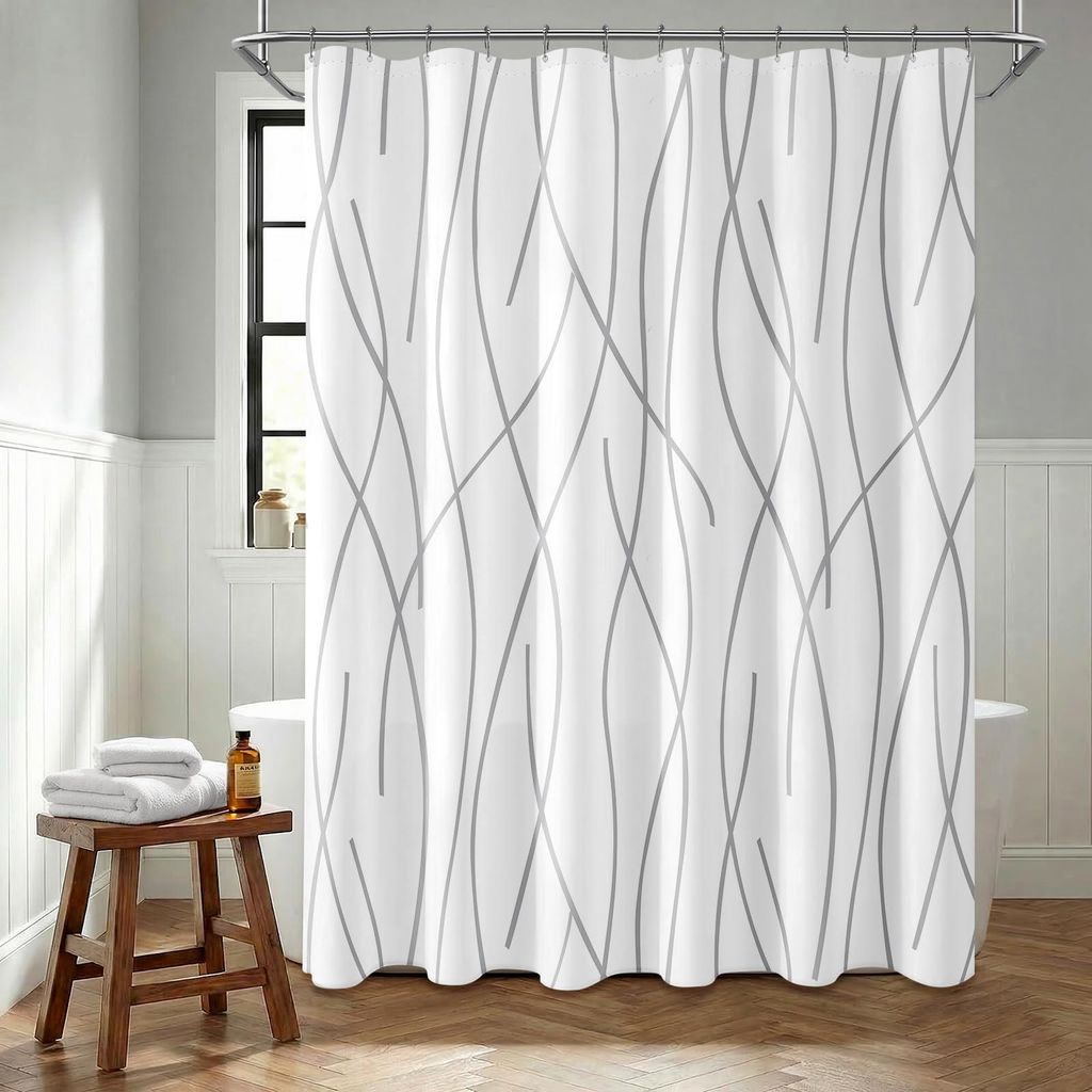 Grauer Duschvorhang 180 x 200 cm, schimmelresistenter, gestreifter Duschvorhang mit weißen Streifen, beschwerter Duschvorhang, Textilgewebe 183 x ...