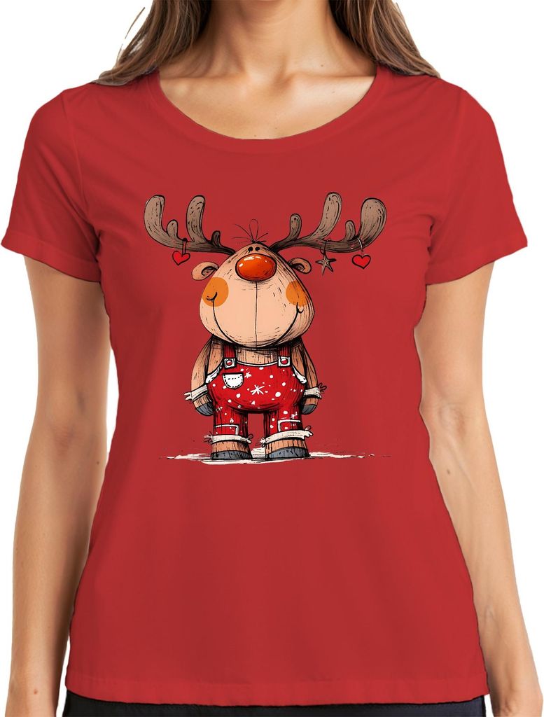 Niedliches Rentier Weihnachten rote Latzhose Herzen Geweih Kinder Damen T-Shirt, Rot, 3XL
