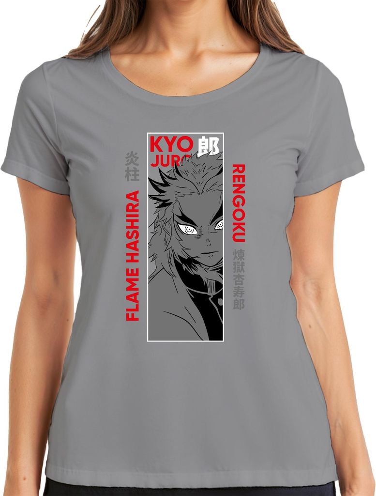 Kyojuro Rengoku Flame Hashira Kimetsu no Yaiba Anime Geschenk Damen T-Shirt, Grau, S