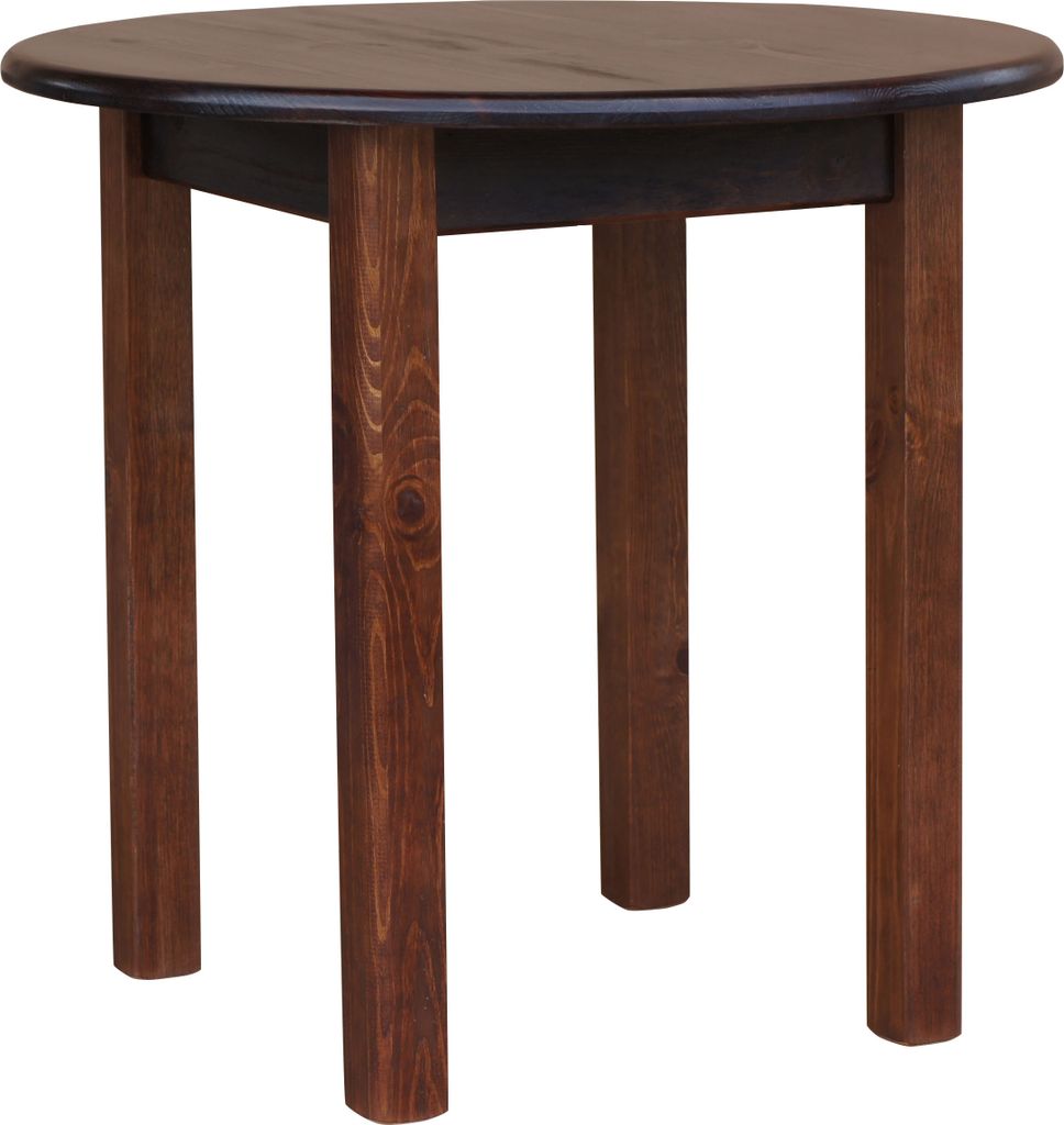 A round wooden dining table with four legs, shown against a white background.