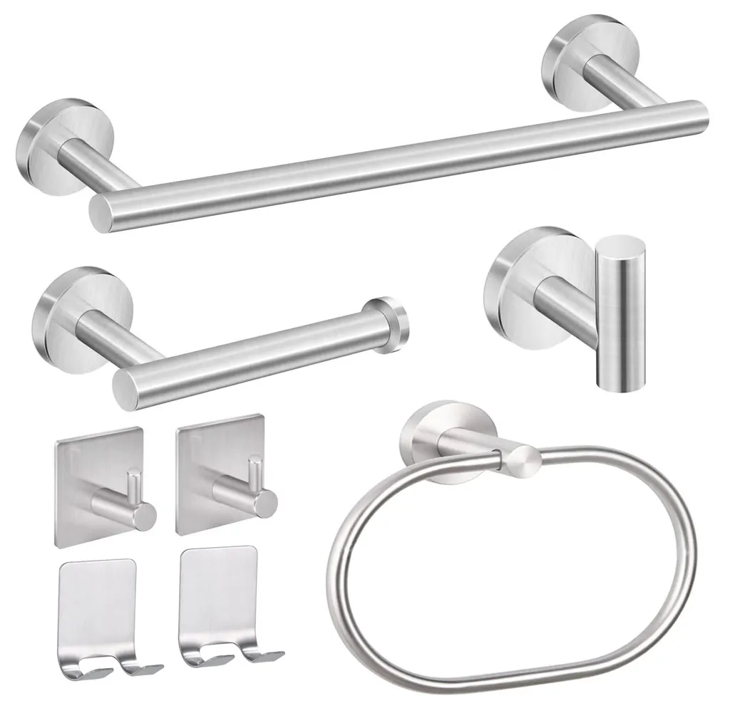 Ensemble 8 Accessoires de Salle de Bain Inox Argenté avec Porte-Serviette