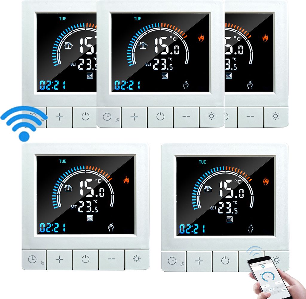 5X Programmierbarer digitaler Thermostat mit Kindersicherung, WiFi LCD Raumthermostat NTC-Sensor, 16A Elektroheizung, warmer Boden, Unterputz Fußb...